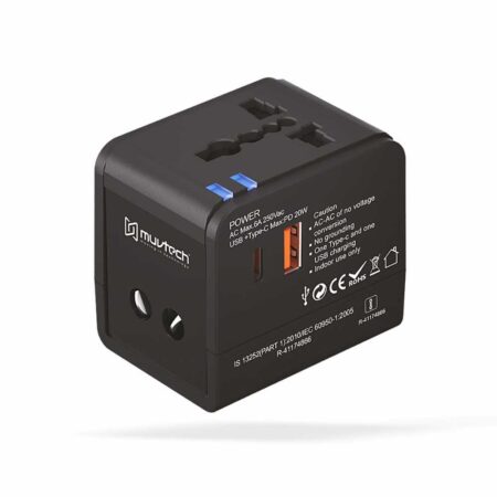 MUVTECH 20W WORLD TRAVEL ADAPTER WITH USB-C PD FAST CHARGING & UNIVERSAL AC SOCKET