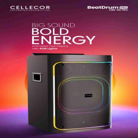 CELLECOR BEATDRUM PRO CBS-06 PRO 200W RMS PARTY SPEAKER WITH WIRELESS MIC, RGB LIGHTS & LYRIC DISPLAY